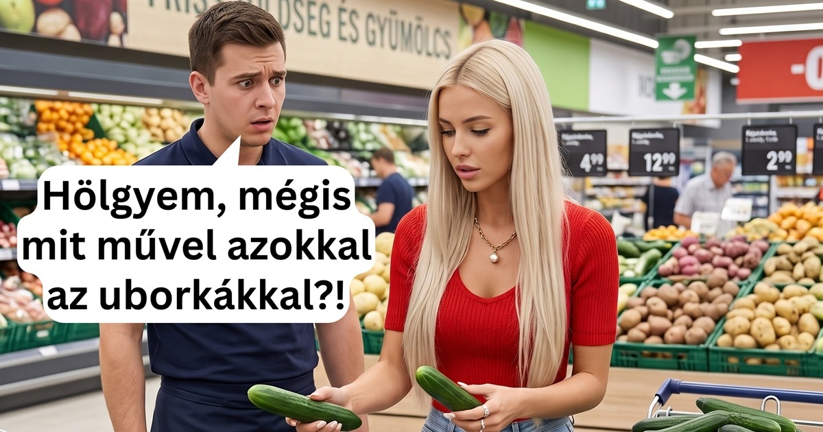Szőke hölgy a kígyóuborkák bűvöletében a szupermarketben